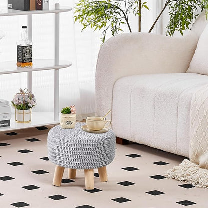 Wimarsbon Small Ottomans, 100% Hand Knitted Pouf Ottoman, Round Footrest with 4 Non-Skid Wood Legs, Boho Décor Cotton Rope Pouffe Beside Sofa, Leisure Floor Step Chair for Living Room (Grey)