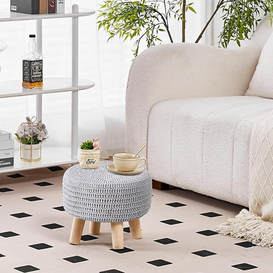 Wimarsbon Small Ottomans, 100% Hand Knitted Pouf Ottoman, Round Footrest with 4 Non-Skid Wood Legs, Boho Décor Cotton Rope Pouffe Beside Sofa, Leisure Floor Step Chair for Living Room (Grey)