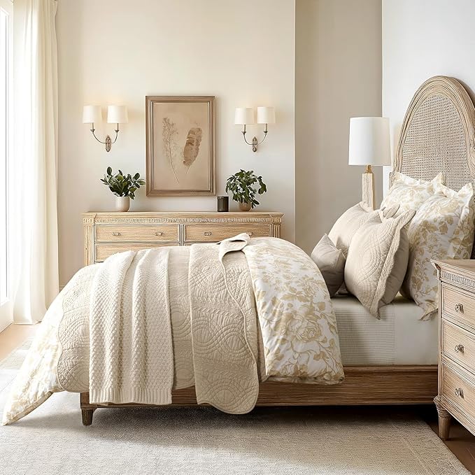 EVERGRACE 100% Cotton Scallop Quilt Set, King Size 3 Piece Set – Lightweight Bedspread with 2 Shams, Soft Prewashed Matelasse Coverlet for Cozy and Elegant Bedding, Flax Beige