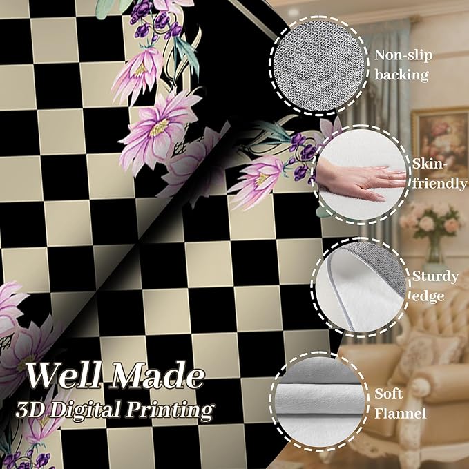 Vintage Farmhouse Checkered Hallway Carpet, 4x10ft, Elegant Floral Flower Checkerboard Indoor Throw Rugs, Absorbent Washable Foldable No Crease High Traffic Mat for Laundryroom Floor
