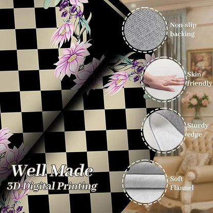 Vintage Farmhouse Checkered Hallway Carpet, 2x6ft, Elegant Floral Flower Checkerboard Indoor Throw Rugs, Absorbent Washable Foldable No Crease High Traffic Mat for Laundryroom Floor