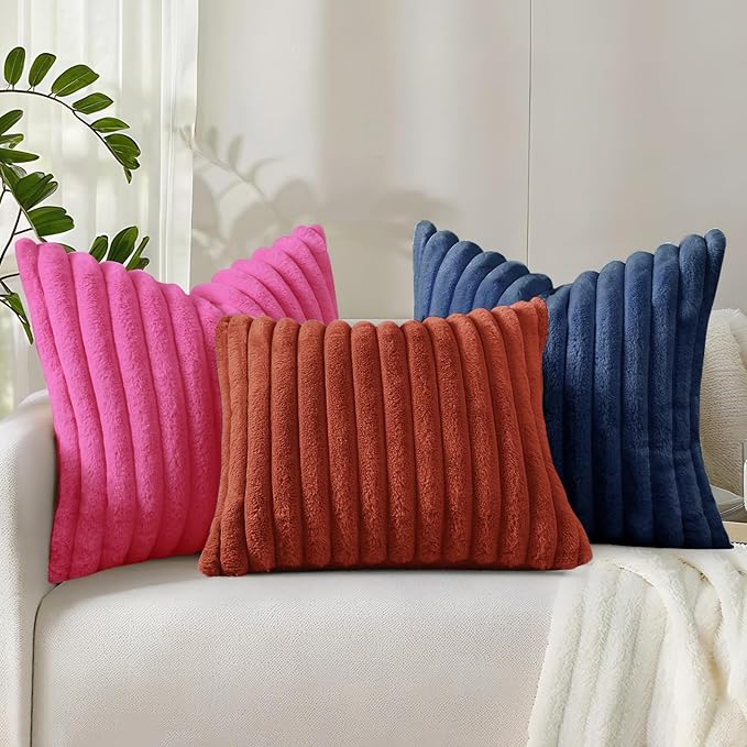 decorUhome Faux Fur Spring Throw Pillow Covers 16x16 Set of 2, Decorative Soft Plush Striped Neutral Couch Pillow Covers with Velvet Back for Sofa, Bed, Living Room Home, Hot Pink