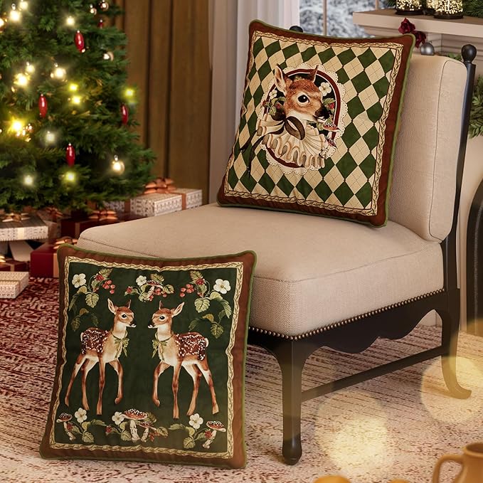 Grandmillennial Checkered Pillow Cover, Velvet Euro Sham Covers Decorative Throw Pillow Covers 18x18 for Couch Sofa Bed Living Room, Christmas & Holiday, Deer Green