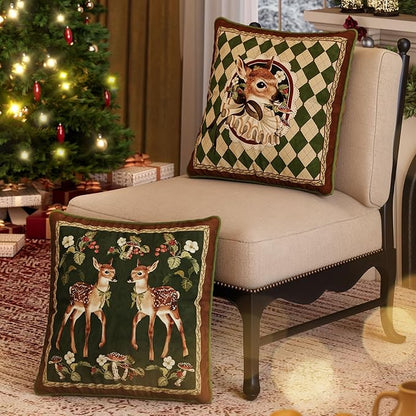 Grandmillennial Checkered Pillow Cover, Velvet Euro Sham Covers Decorative Throw Pillow Covers 18x18 for Couch Sofa Bed Living Room, Christmas & Holiday, Deer Green