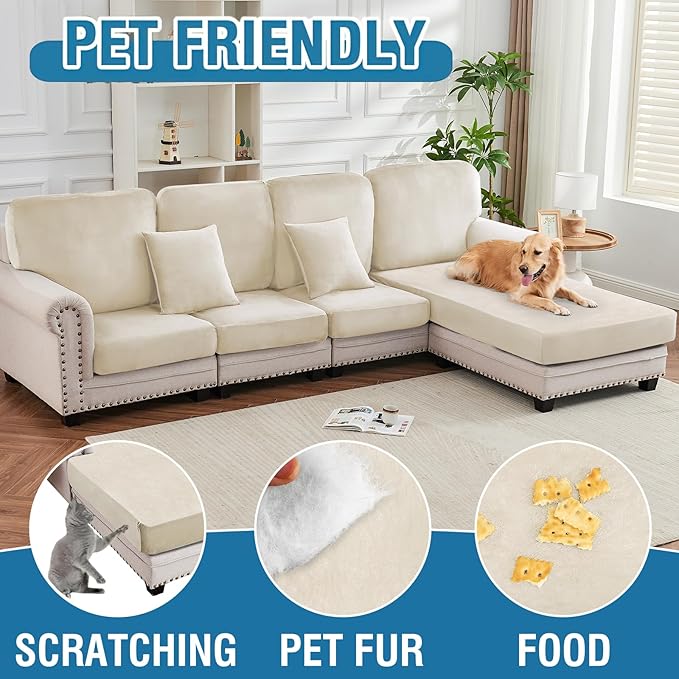 Couch Cover 4-Piece Elastic Velvet Couch Cushion Covers & Chaise Slipcovers for L-Shaped Sofas - Sofa Seat Covers Washable, Soft Protector for Couches (3 Seater + Chaise, Ivory)