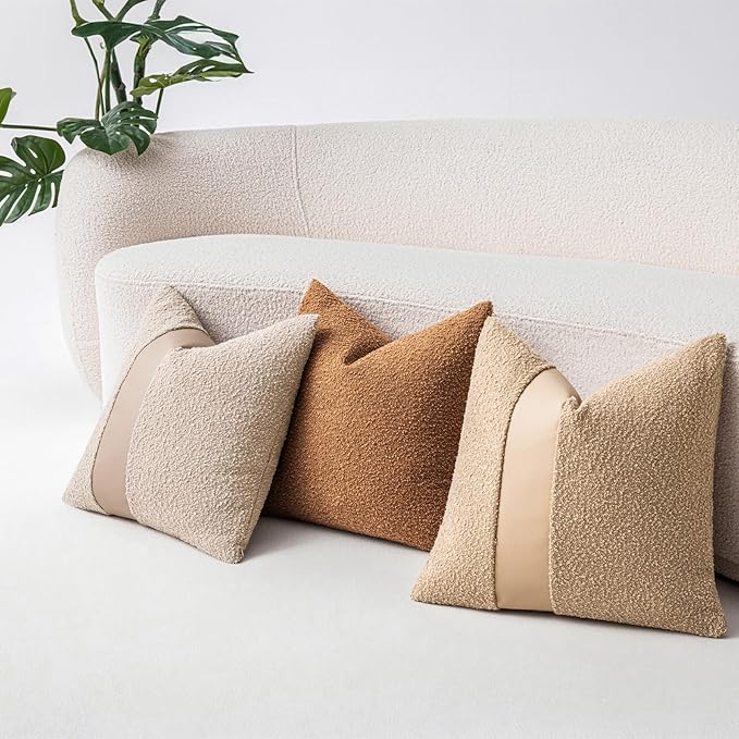 24"x24" Oatmeal Boucle Pillow Covers with Faux Leather Accents Set of 2 Fluffy Textured Decorative Throw Pillow Cases for Couch Bed Boho Farmhouse Square Cushion Covers for Home Décor