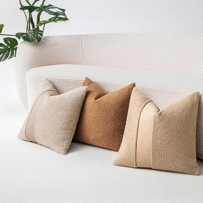 24"x24" Oatmeal Boucle Pillow Covers with Faux Leather Accents Set of 2 Fluffy Textured Decorative Throw Pillow Cases for Couch Bed Boho Farmhouse Square Cushion Covers for Home Décor