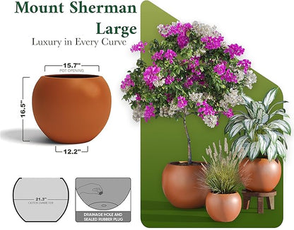 DTY Signature Mount Sherman Modern Indoor Outdoor Fiberstone Sphere Planter, Durable Round Garden Pot, Weather Resistant, Drainage Hole & Rubber Plug, Planter for Christmas Tree - Large, Terracotta