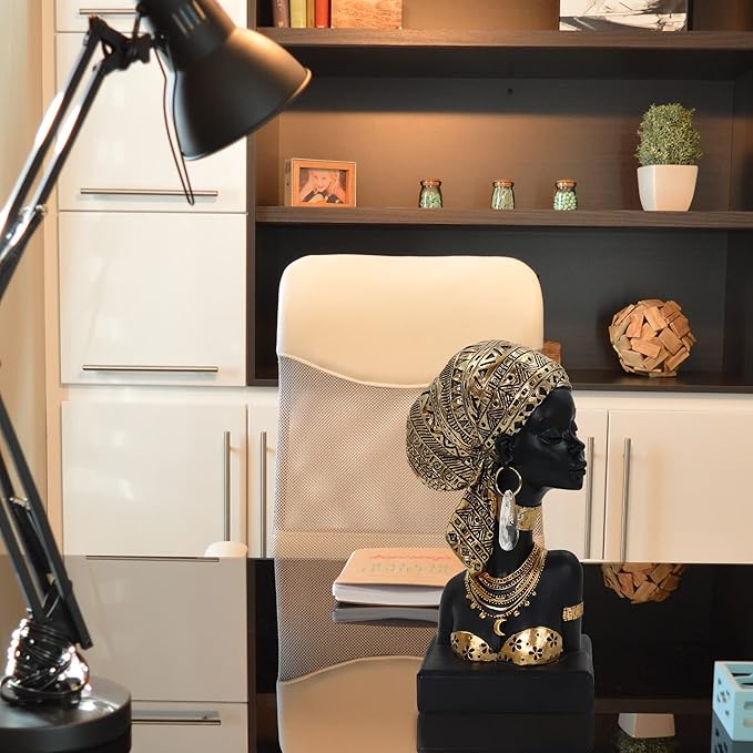 African Lady Bust Sculpture with Golden Headwrap – Resin Figurine with Earrings and Necklace, Modern African Woman Statue for Home Decor and Cultural Gift