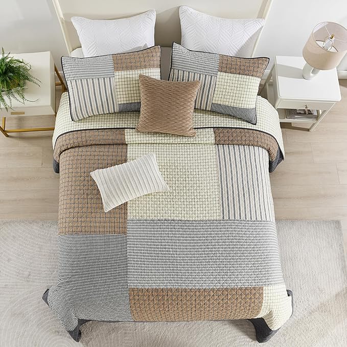 SahSahCasa 100% Cotton 120"x102" Oversized Bedspread Coverlet Quilt Set Queen Size, Queen Quilted Bedspread Extra Large Quilt, Patchwork XL Bed Spread Lightweight Comforter, Brown/Cream/Gray