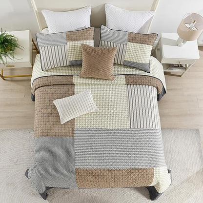 SahSahCasa 100% Cotton 120"x102" Oversized Bedspread Coverlet Quilt Set Queen Size, Queen Quilted Bedspread Extra Large Quilt, Patchwork XL Bed Spread Lightweight Comforter, Brown/Cream/Gray