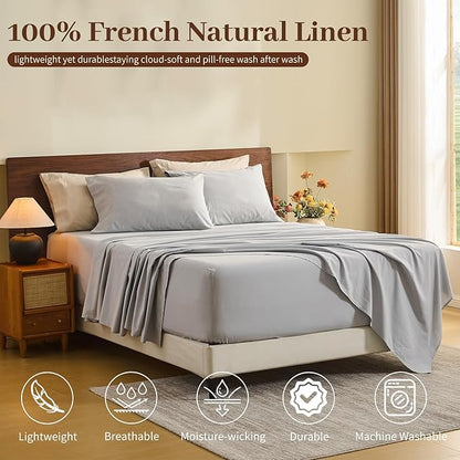 MEISHANG 100% French Pure Linen Sheets Queen Size - Extra Deep Pocket Sheet Set, Soft Durable Flax Linen, Anti-Tear Breathable & Oeko-Tex Certified 18-24 Deep Pocket,All Season(Silver Grey)