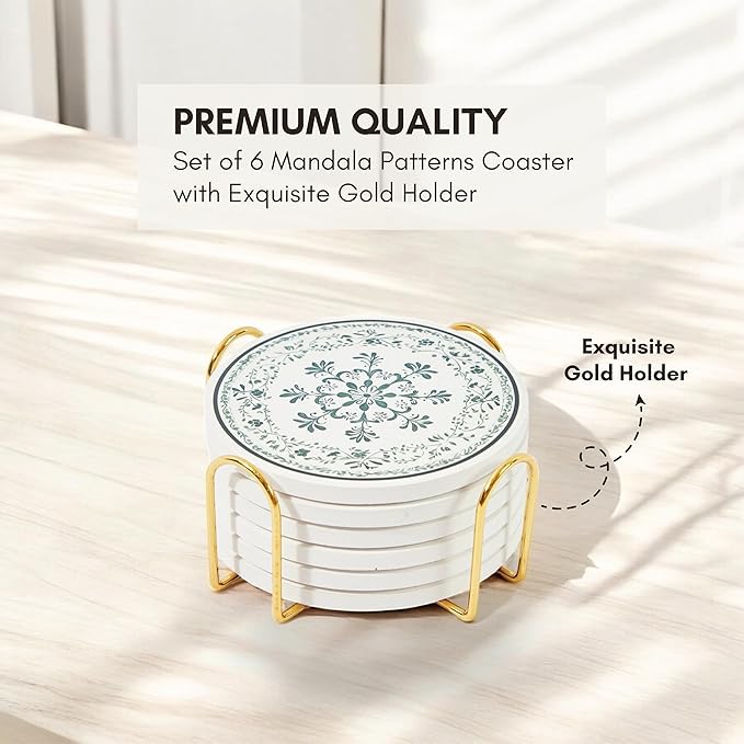 Mandala Ceramic Absorbent Coasters Set of 6 with Holder, Marble Drink Coasters for Coffee Table, Water Absorbing Coaster (Zen)