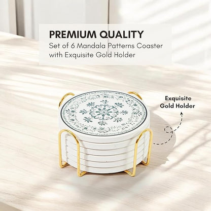 Mandala Ceramic Absorbent Coasters Set of 6 with Holder, Marble Drink Coasters for Coffee Table, Water Absorbing Coaster (Zen)