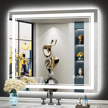 32x36 LED Bathroom Mirror with Lights, Backlit and Front Lit, Anti-Fog Lighted Vanity Mirrors for Bathroom Wall, Dimmable, 3-Color Light, Memory, Shatter-Proof, HD Tempered Glass, CRI＞90