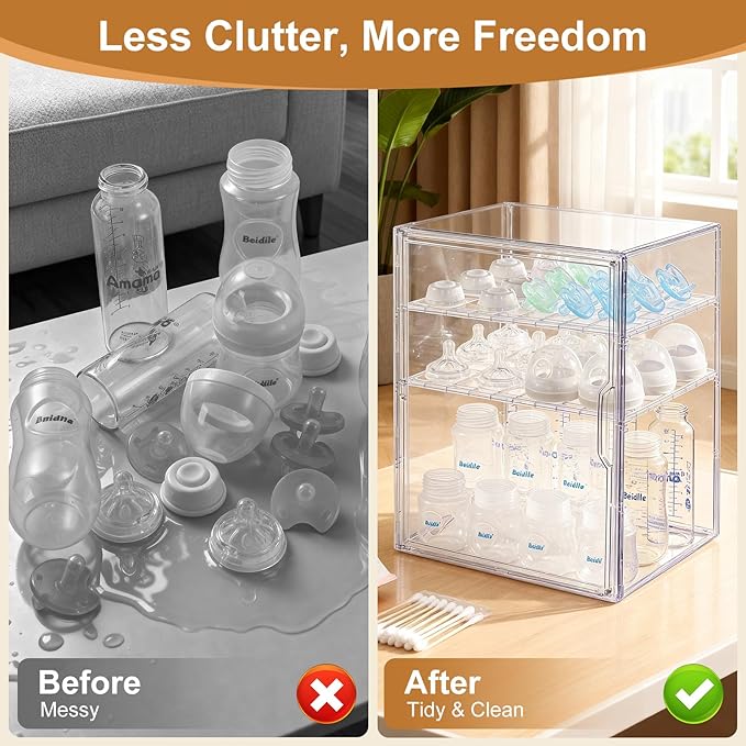 Baby Bottle Organizer – 3-Tier Bottle Storage Organizer Baby for Bottles, Nipples, Pump Parts, Food Jars – Clear Nursery Cabinet for Countertop and Kitchen