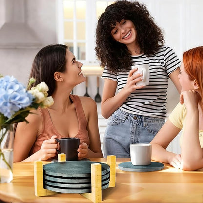Slate Coasters Set of 4 with Bamboo Holder - Black Round Stone Drink Coasters for Coffee Table, Anti-Scratch Coasters to Protect Wood/Glass Surfaces, Boho Home Decor for Kitchen/Bar/Office (4 Pack)