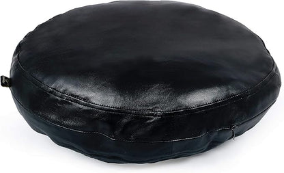 D DOLLY LAMB Lambskin Round Leather Pillow Cover - Sofa Cushion Case - Decorative Circular Cushion Throw Covers for Living Room & Bedroom - Black Diameter 16 Inch