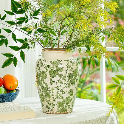 Sungmor Ceramic Flower Vase, Vintage Ice Cracked Glaze Porcelain Vase, Pretty Home Decor Vase for Flower Arrangement, Fresh Flowers, 10.2 Inch Tall Chinoiserie Pottery Vase, Green Floral Pattern