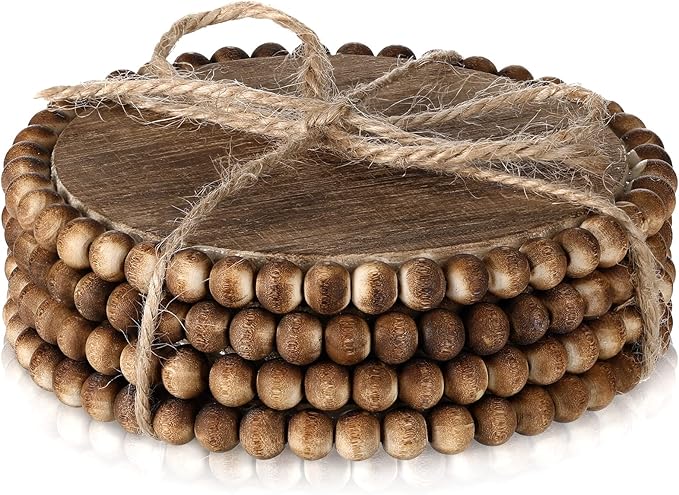 Honeydak 4 Pieces Wood Beaded Coasters 3.9 Inch Round Rustic Farmhouse Wooden Coasters for Drinks Decorative Table Top Wood Bar for Housewarming Home Kitchen(Dark Brown)