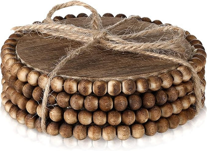 Honeydak 4 Pieces Wood Beaded Coasters 3.9 Inch Round Rustic Farmhouse Wooden Coasters for Drinks Decorative Table Top Wood Bar for Housewarming Home Kitchen(Dark Brown)
