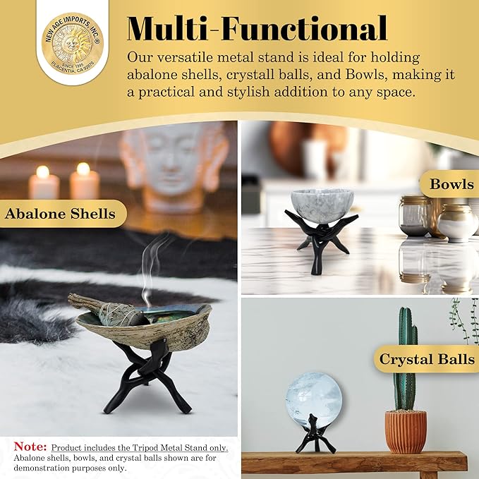 New Age Imports, Inc. Tripod Stand - Home Decor Holder for Abalone Shell for display or smudging, Crystal Ball, Trinket & Jewelry Dish, Bowls, Geodes, & More! Heavy Duty (4 INCH - Black Metal)
