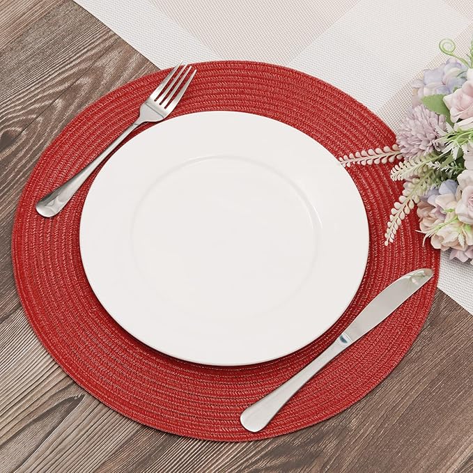 SHACOS Round Placemats Set of 4 Non Slip Washable Place Mats 15 inch Cotton Polyester Braided Placemat for Christmas Home Wedding Party Dining Table Decor (Red, 4)