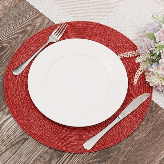 SHACOS Round Placemats Set of 4 Non Slip Washable Place Mats 15 inch Cotton Polyester Braided Placemat for Christmas Home Wedding Party Dining Table Decor (Red, 4)