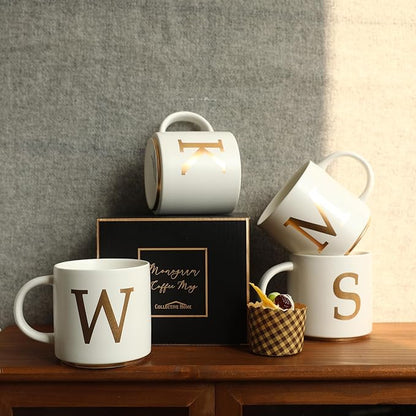 COLLECTIVE HOME - Monogram Ceramic Mugs, 15 oz Golden Initial Coffee Cups, Elegant Alphabet Tea Mugs, Elegant Personalized Mug with Gift Box, Unique Mug with Double Side Capital Letter (W)