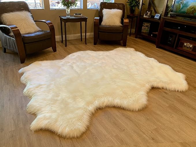LAMBZY Faux Sheepskin Super Soft Hypoallergenic Silky Shag Rug for Living Room, Kids Room, Sofa (Sexto 6 Pelts 6'x6', Cream)