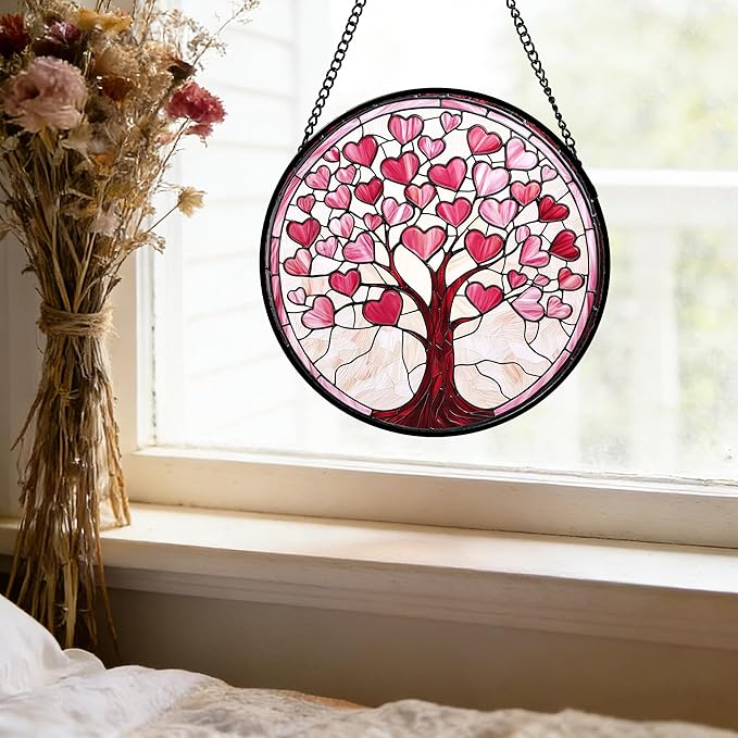 DASTOLL Stained Glass Window Hanging, Pink Love Heart Tree Suncatcher Hangings Beige Sun Catchers Decor for Birthday Holiday for Women, Men, Wife, Aunt, Mom 7.8 in