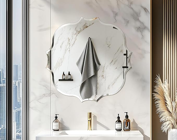 Frameless Scalloped Wall Mirror: Decorative Scallop Round Mirrored Glass Vanity with Beveled Silver Edge for Bathroom Bedroom Livingroom Dining Room Entryway Hallway, 32 x 32 inch
