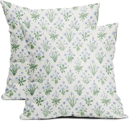 Sage Green Blue Block Print Pillow Covers 18x18 Set of 2 Decorations Vintage Floral Throw Pillow Covers Decor Cozy Soft Rustic Pillowcases Farmhouse Flower Printed for Sofa Bed Home Decorative