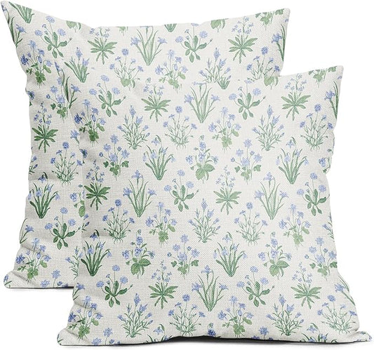 Sage Green Blue Block Print Pillow Covers 18x18 Set of 2 Decorations Vintage Floral Throw Pillow Covers Decor Cozy Soft Rustic Pillowcases Farmhouse Flower Printed for Sofa Bed Home Decorative
