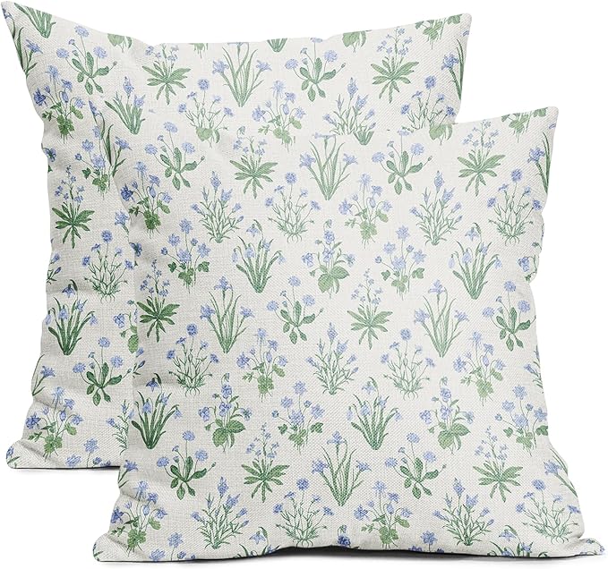 Sage Green Blue Block Print Pillow Covers 20x20 Set of 2 Decorations Vintage Floral Throw Pillow Covers Decor Cozy Soft Rustic Pillowcases Farmhouse Flower Printed for Sofa Bed Home Decorative