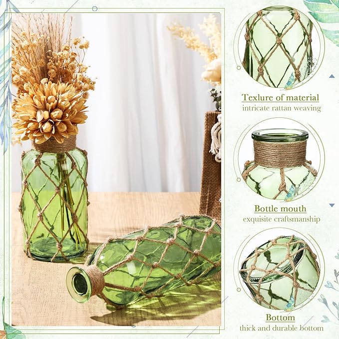 Chuangdi Set of 2 Coastal Glass Vases Christmas Vases for Flowers with Boho Rope Christmas Centerpieces for Tables Small Beach Bottle for Nautical Wedding Floral Arrangement Decorations(Green)