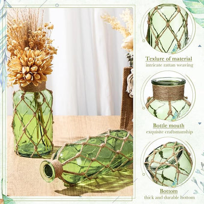 Chuangdi Set of 2 Coastal Glass Vases Christmas Vases for Flowers with Boho Rope Christmas Centerpieces for Tables Small Beach Bottle for Nautical Wedding Floral Arrangement Decorations(Green)