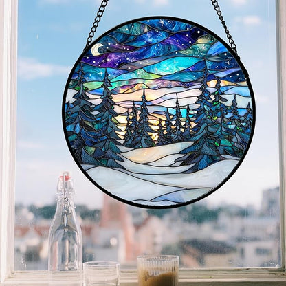 DASTOLL Stained Glass Window Hanging, Starry Sky Trees and Snow Sun Catchers Glass Panel Blue Suncatcher Decor for Birthday for Women, Men, Wife, Aunt, and Mom 14.9x14.9 in
