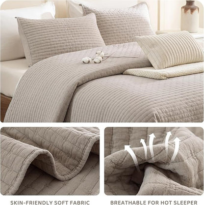 Sanracie Stonewashed Cotton Coverlet Oversized King(102"x118"), Linen Colored Cross Stitch Pattern Quilt Sets 3Pcs Ultra Soft Lightweight Crinkle Bed Coverlet Set for All Season