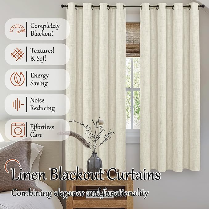 Lajode 100% Blackout Curtains for Bedroom 63 Inch Length 2 Panels, Thermal Insulated Complete Light Blocking Noise Reducing Linen Window Curtains for Nursery, Bronze Grommet, Each 52" Wide, Natural