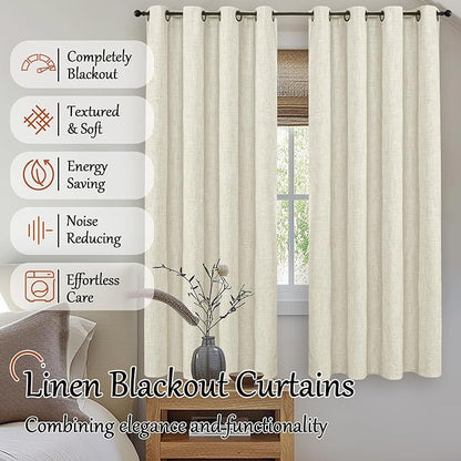 Lajode 100% Blackout Curtains for Bedroom 63 Inch Length 2 Panels, Thermal Insulated Complete Light Blocking Noise Reducing Linen Window Curtains for Nursery, Bronze Grommet, Each 52" Wide, Natural