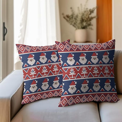Dark Blue Red Christmas Pillow Covers 22x22 Set of 2 Xmas Santa Tree Pattern Rustic Decorative Outdoor Farmhouse Pillowcases Decorations Winter Holiday Throw Cushion Cover Decor for Couch Sofa Bed