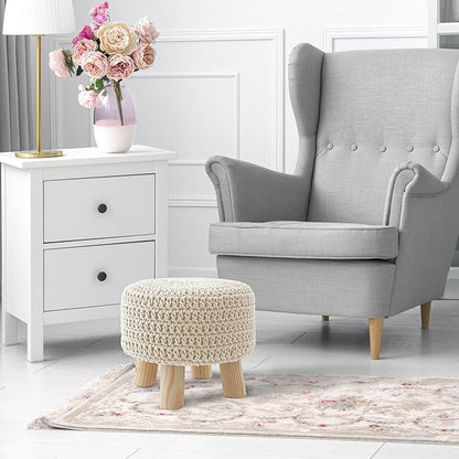 Casafield Pouf Ottoman Footstool, 13" Round x 11" High, Hand-Knitted Cotton Footrest, Non-Skid Wood Legs, Boho Foot Stool for Living Room, Bedroom (Natural)