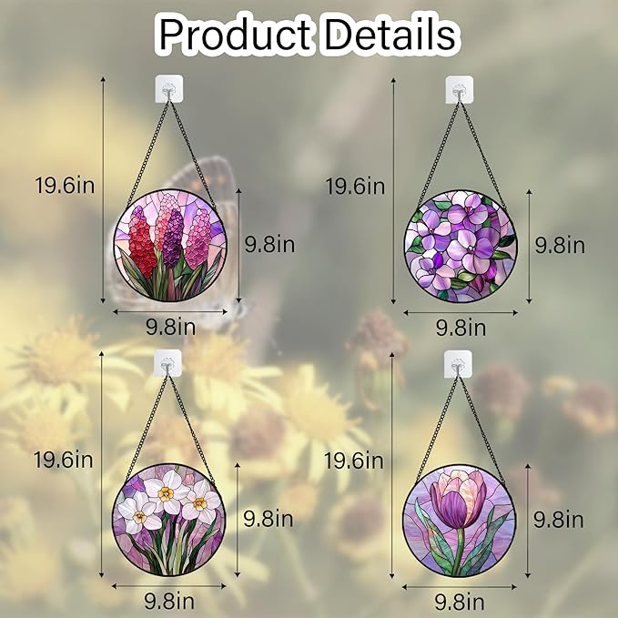 DASTOLL Stained Glass Window Hanging 4 Pcs Set Purple Flower Theme 9.8" - Tulip Suncatcher Door Garden Sun Catcher Decor Birthday Christmas for Plant Lovers Woman Nana Men