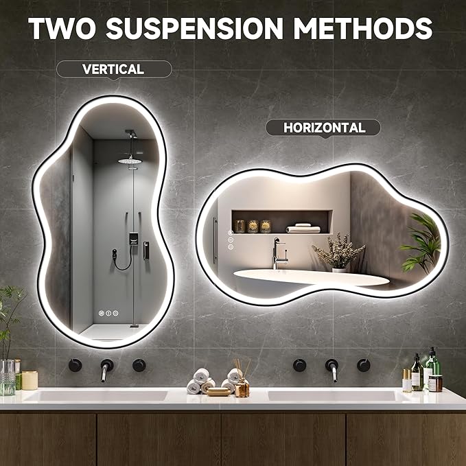 Hasipu Irregular Bathroom Mirror with Lights - 20"x35" LED Asymmetrical Wall Mirror, Abstract Modern Lighted Vanity Mirror for Wall, Anit-Fog, Dimmable, Memory, Vertical/Horizontal (Black