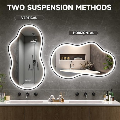 Hasipu Irregular Bathroom Mirror with Lights - 20"x35" LED Asymmetrical Wall Mirror, Abstract Modern Lighted Vanity Mirror for Wall, Anit-Fog, Dimmable, Memory, Vertical/Horizontal (Black