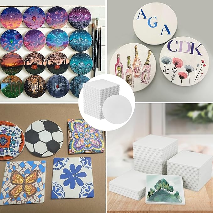 GNIEMCKIN 50 Pieces 3.54 Inch Round and Square Blank Ceramic Coasters, Unglazed Ceramic Tiles Coasters with Cork Backing Pads for Painting, DIY Crafts, White.