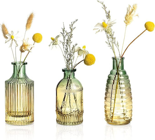 Joeyan Small Embossed Glass Bud Vase Set of 3,Green and Amber Colored Rustic Decorative Vase for Single Flower and Dry Flowers