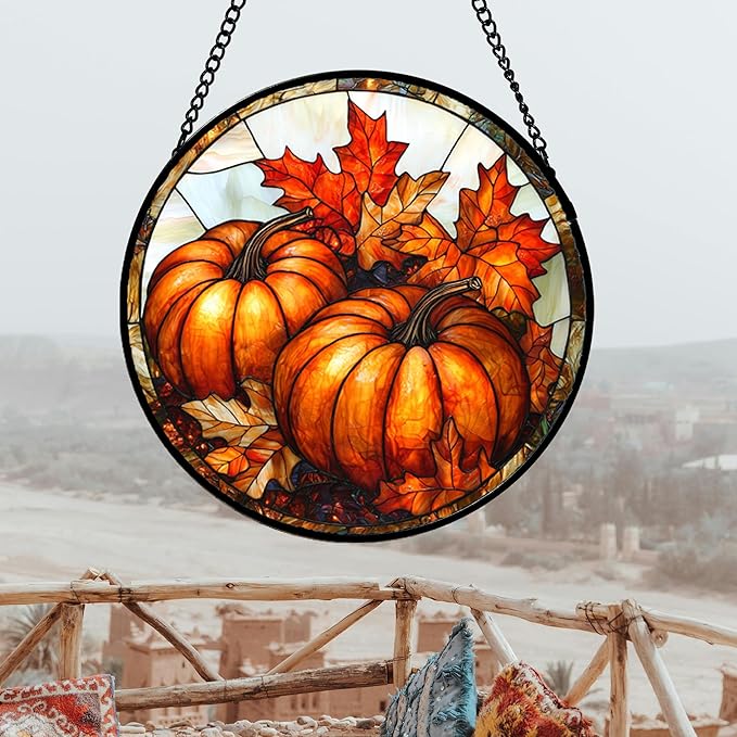DASTOLL Stained Glass Window Hanging, Pumpkin Maple Leaf Suncatcher for Doors Home Sun Catchers Decoration and Christmas, Mother's Day Birthday Gifts for Women, Men, and Mom 15x15 in