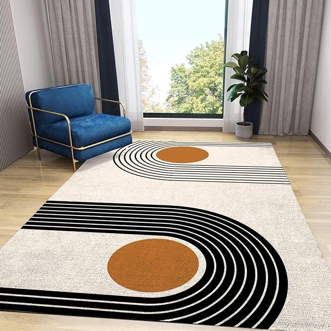 Mid Century Geometric Art Area Rugs, Nordic Boho Lines Orange Geometric Rug, Indoor Non-Slip Kids Rugs, Machine Washable Breathable Durable Carpet for Front Entrance Floor Decor,2 x 6ft